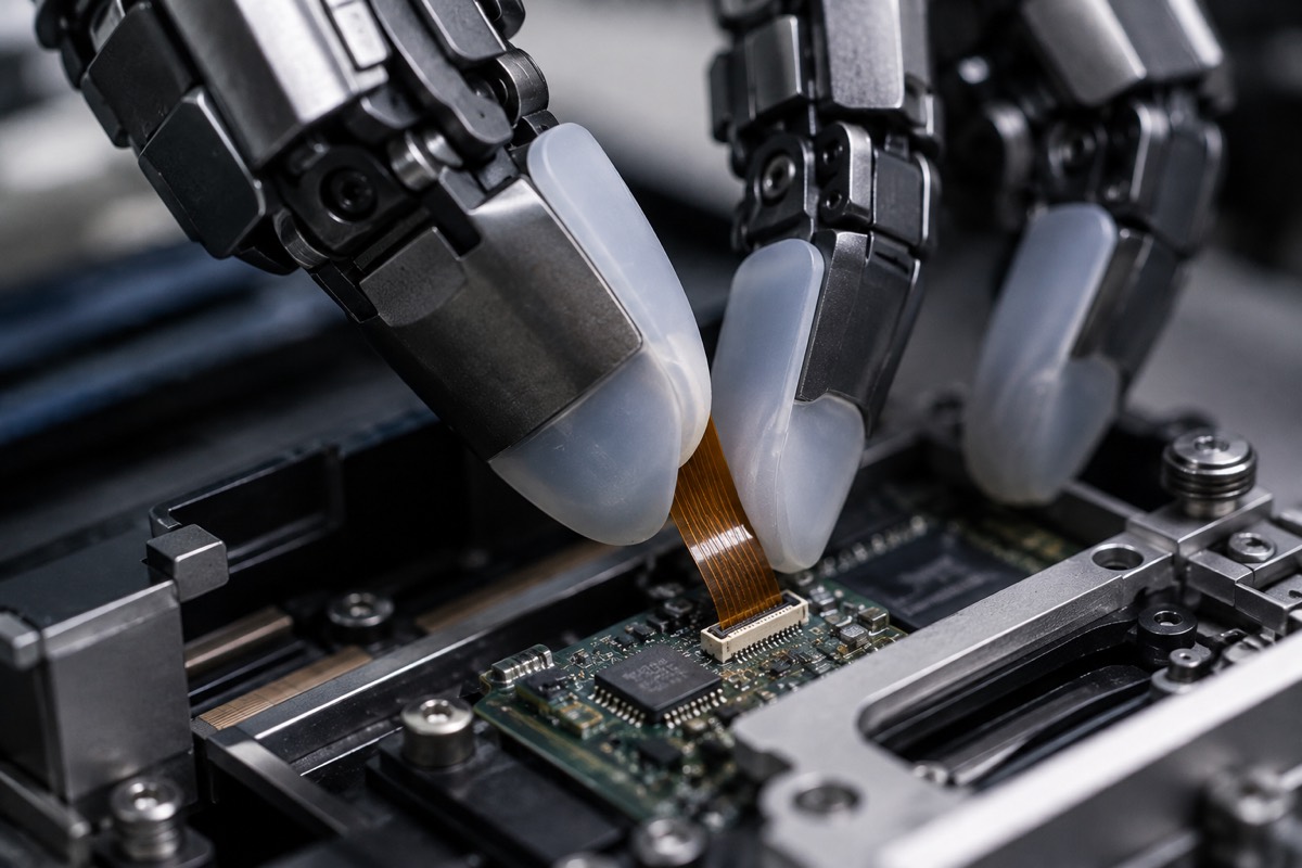 A multi-fingered robot hand with soft tactile pads seating a flexible ribbon cable into a connector on a circuit board