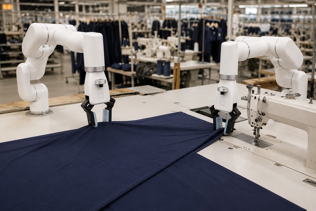 Two robot arms with tactile fingertips drawing navy fabric flat across a sewing table in a garment factory
