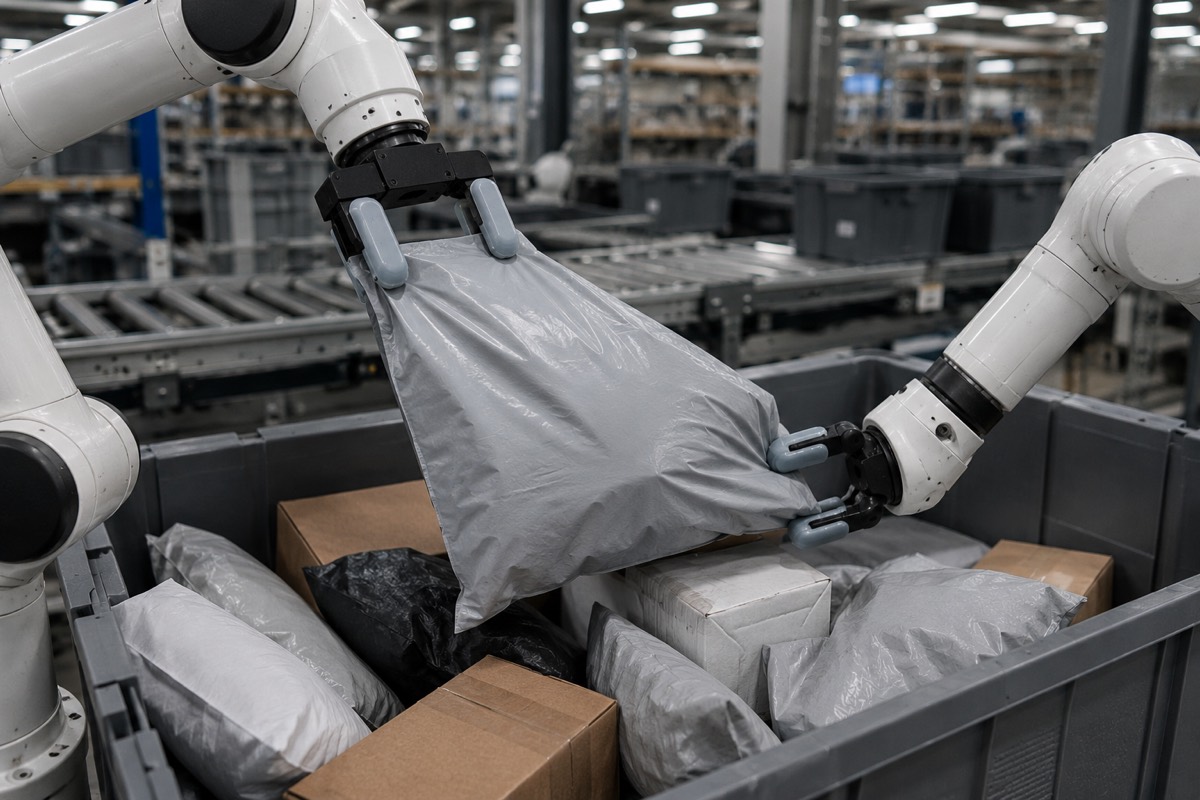 Two robot arms lifting a soft poly mailer out of a tote of mixed parcels on a warehouse conveyor