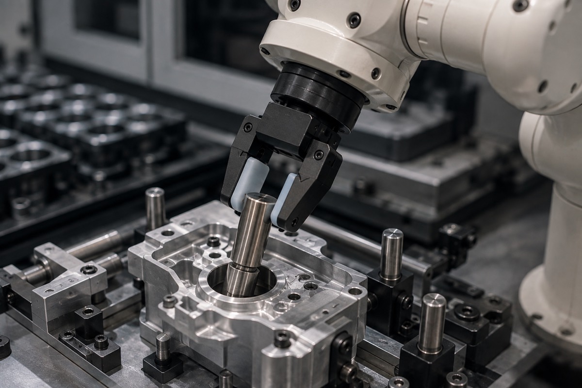 A robot gripper lowering a machined steel pin into a close-tolerance bore in an aluminium fixture