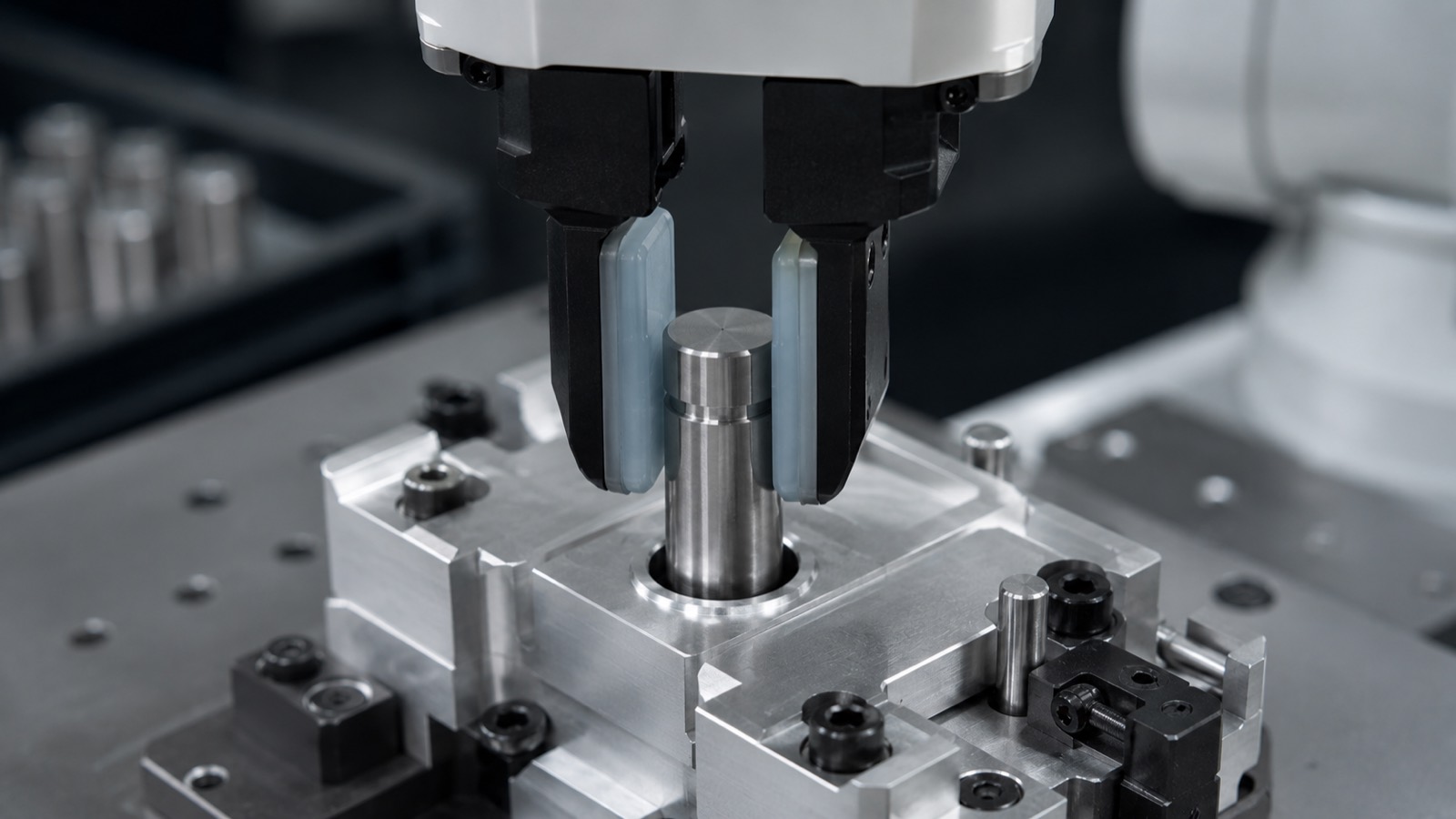 A robot gripper with soft tactile fingertip pads lowering a machined steel pin into a close-tolerance bore in an aluminium fixture