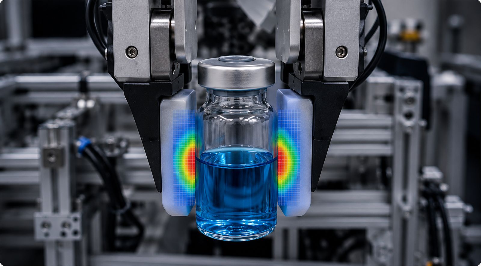 A robot gripper holding a glass vial of blue liquid, with a live pressure map reading across the tactile fingertip pads