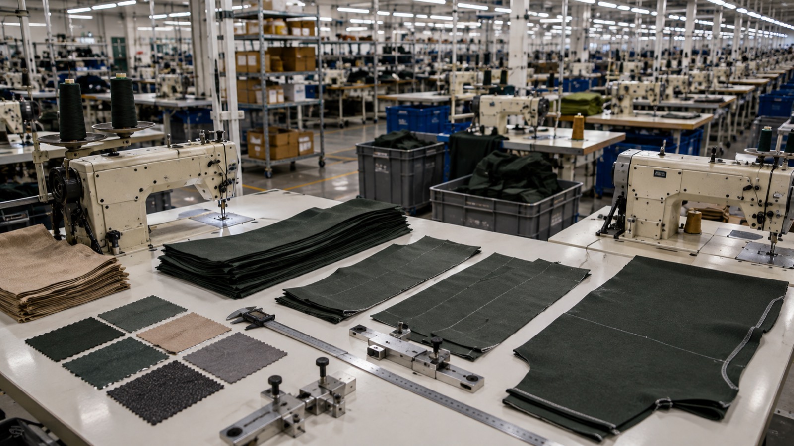 A manual garment line: cut fabric panels, calipers and sewing stations before any automation