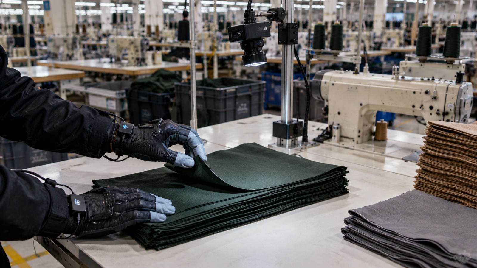 A worker in sensored gloves folding fabric under a camera rig, recording demonstrations