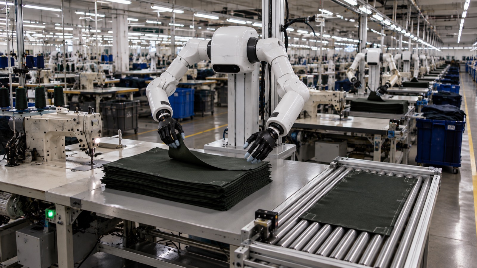 A two-armed robot folding fabric panels at the cell, feeding a conveyor