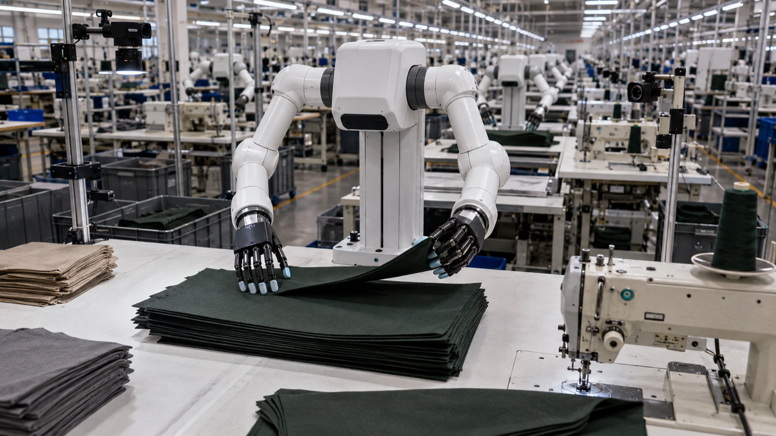 A row of robot cells running the folding task across the production floor