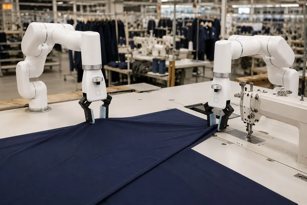 Two robot arms positioning navy fabric beside a sewing machine