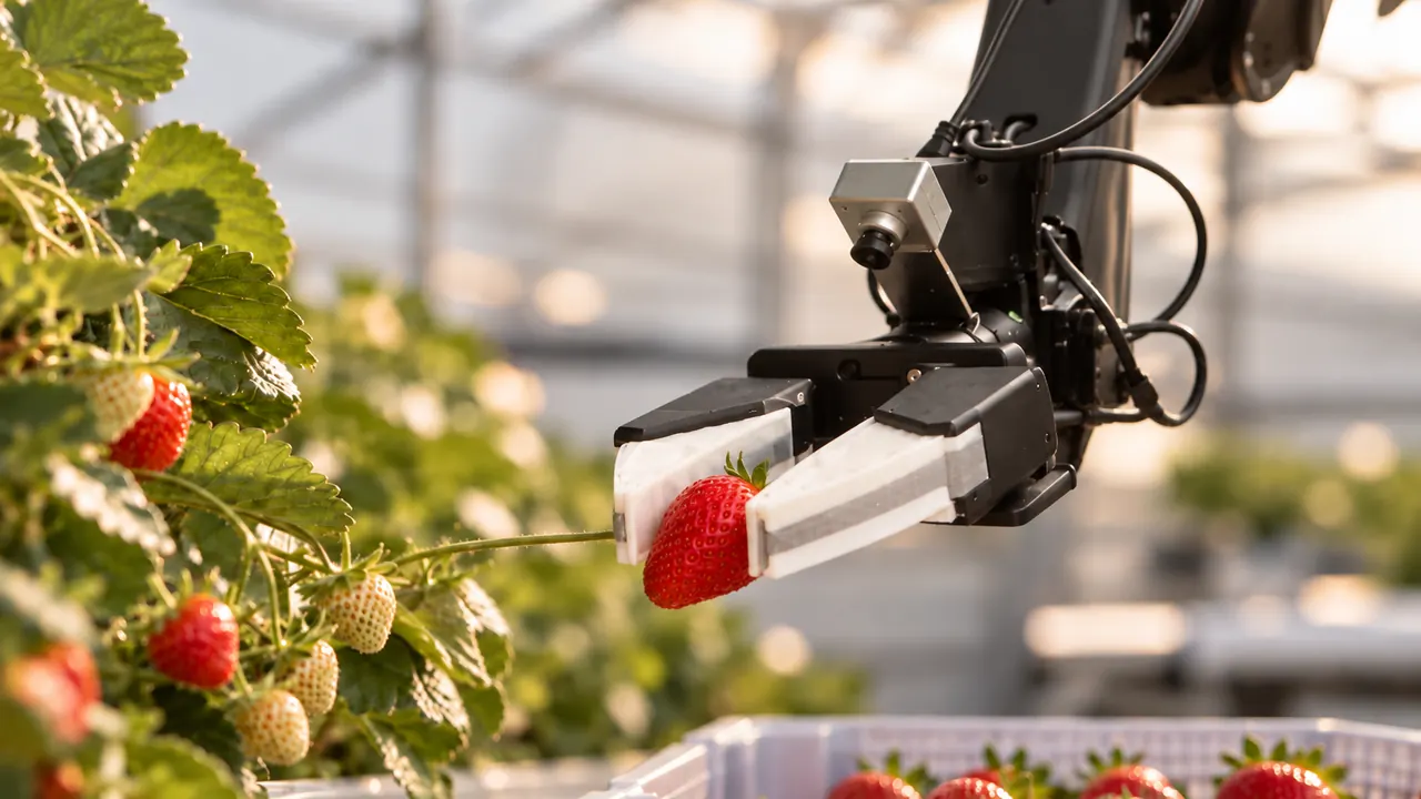 Robot gripper picking a strawberry in a greenhouse